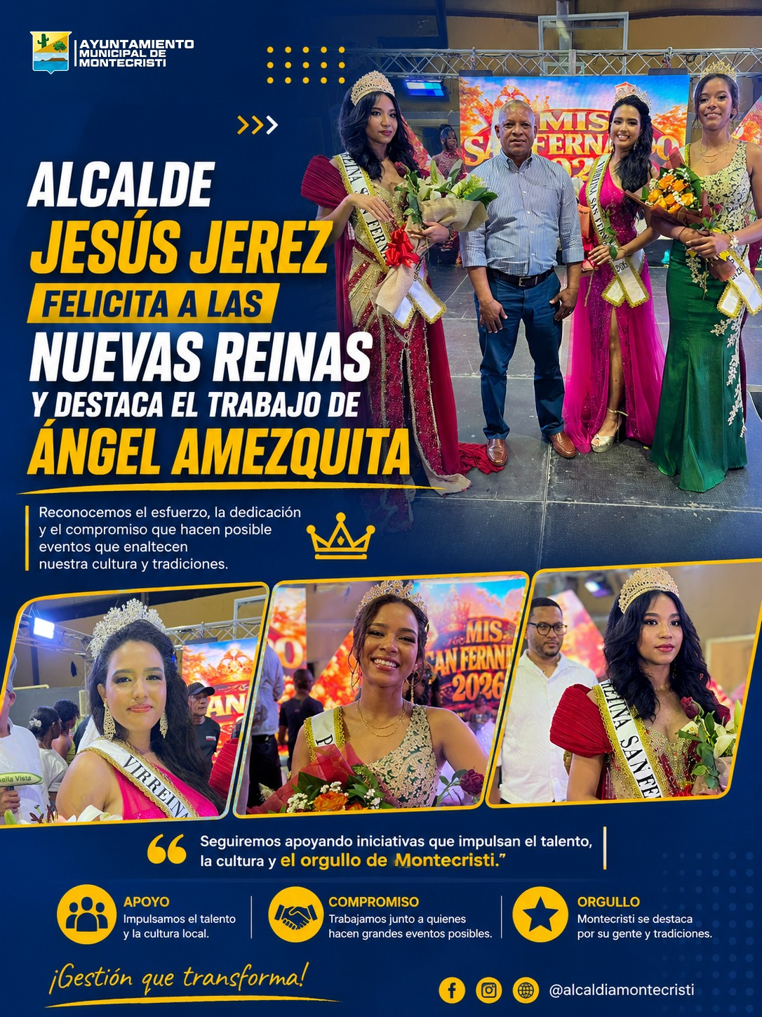 Alcalde Jesús Jerez felicita a las nuevas reinas y destaca el trabajo de Ángel Amézquita.